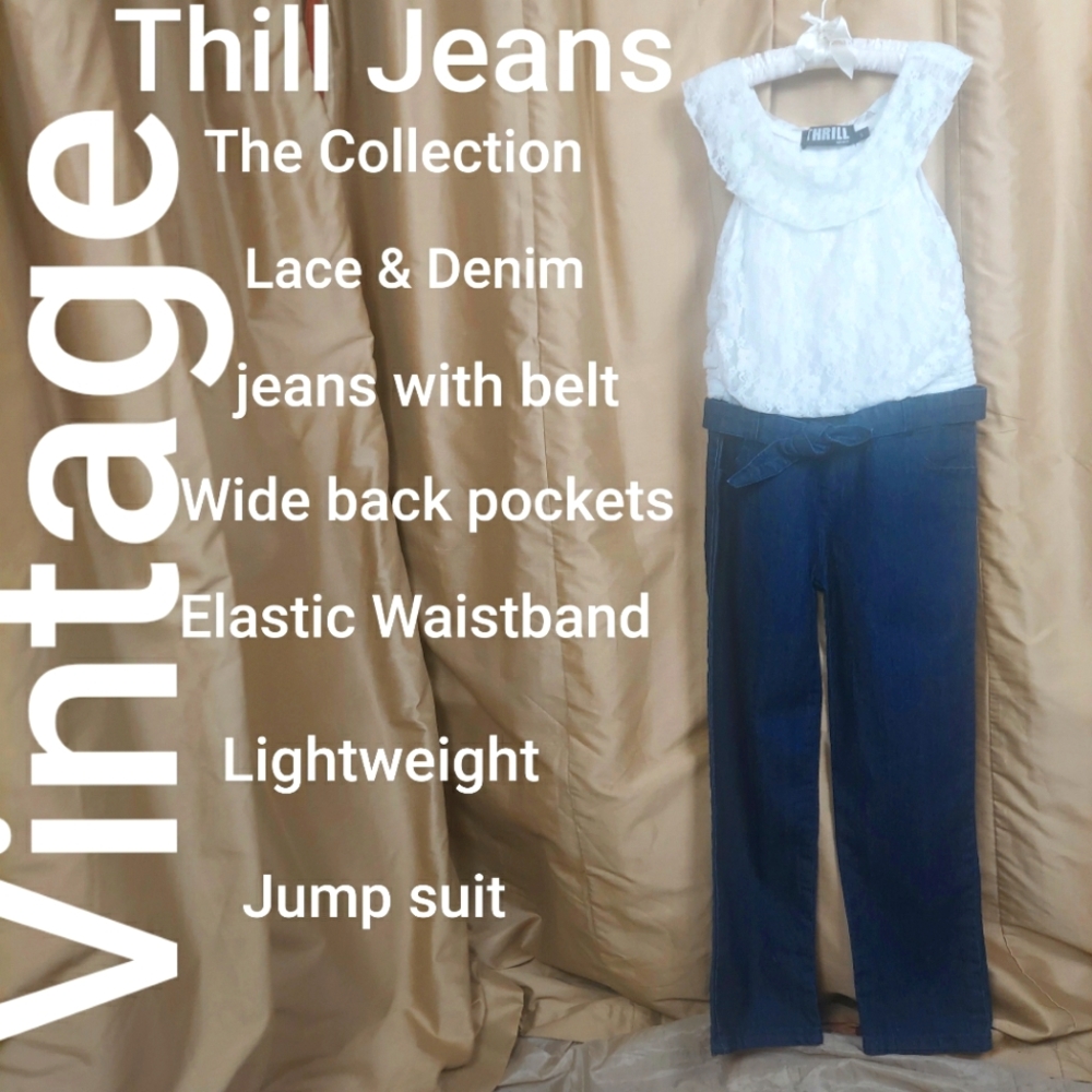 Vintage White Lace and Blue Denim Jumpsuit size 5
